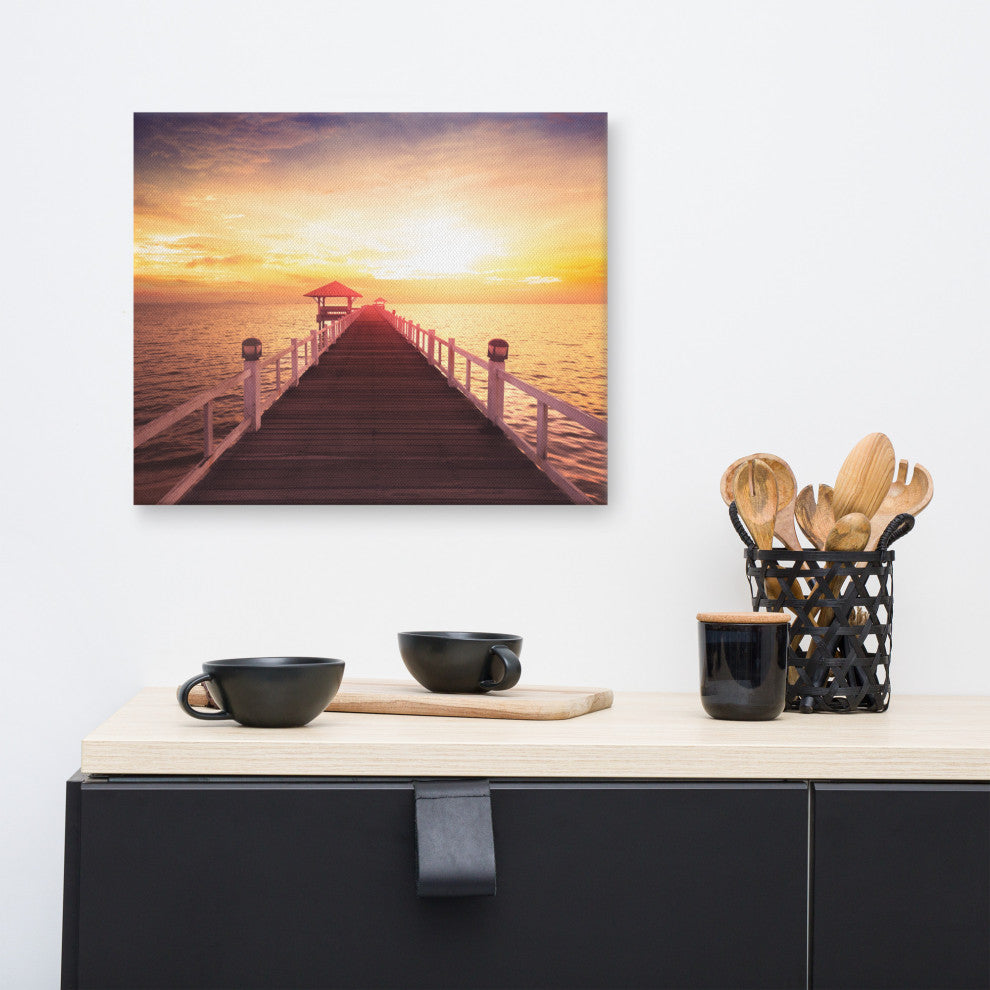 Surreal Wooden Pier at Sunset Landscape Photo Canvas Wall Art Prints, 16" X 20"