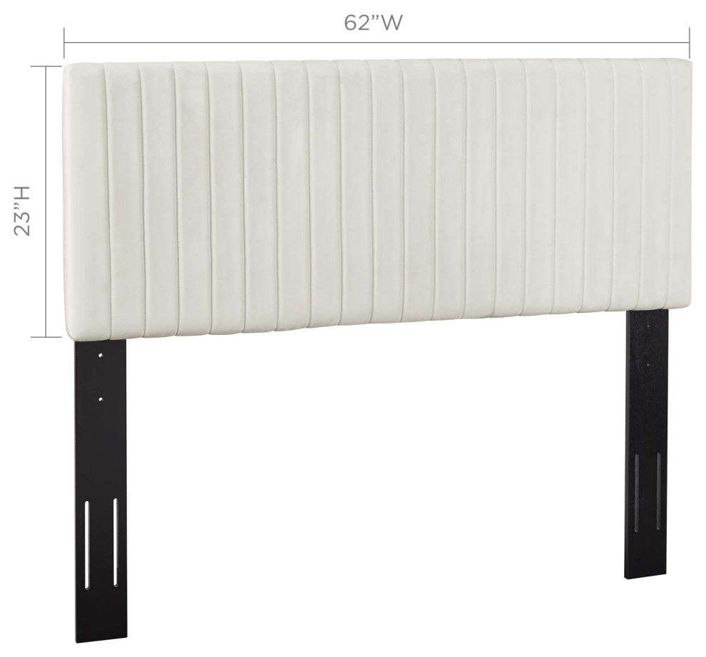 Contemporary Modern Full and Queen Size Headbaord, Velvet Fabric, Ivory White
