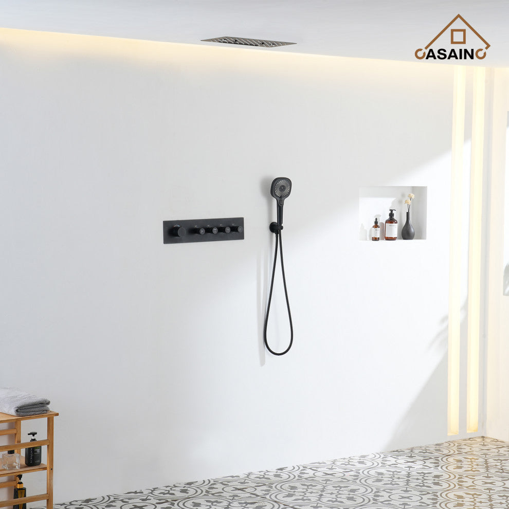 16 Inch Luxury Thermostatic Shower System, Matte Black