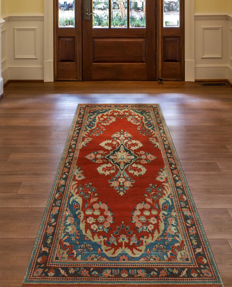 Fine Vintage Distressed Raff Red/Navy Runner, 3'10x10'1