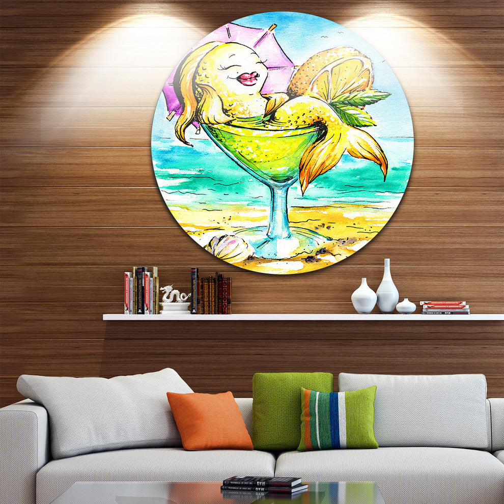 Gold Fish Enjoying Holidays On Beach, Cartoon Disc Metal Wall Art, 11"