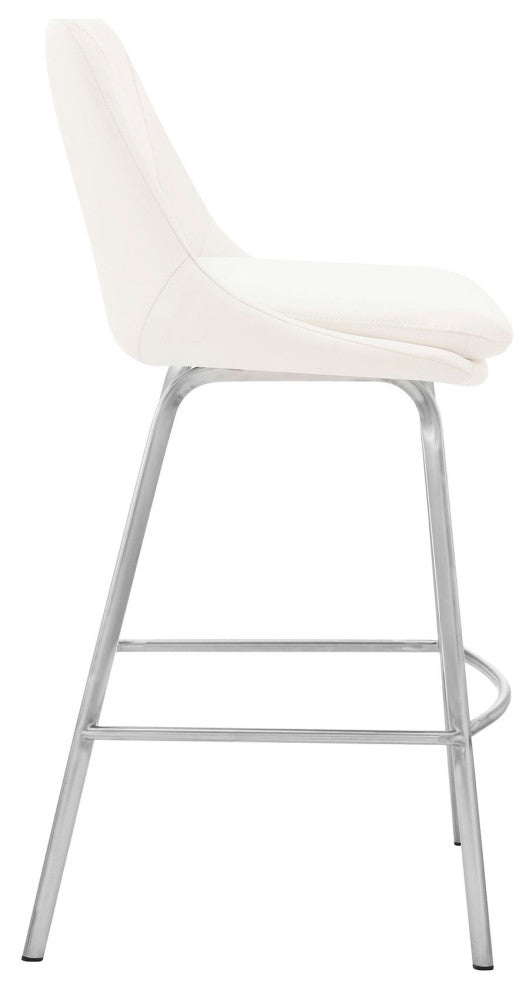 Carise White Faux Leather and Brushed Stainless Steel Swivel 26" Counter Stool