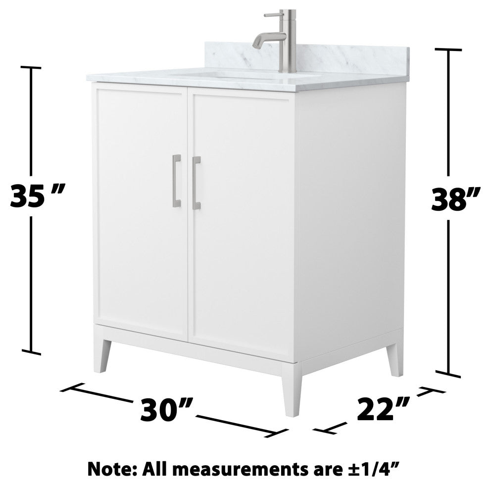 Elan 30" Single Vanity, White, White Carrara Marble Top, Nickel Trim