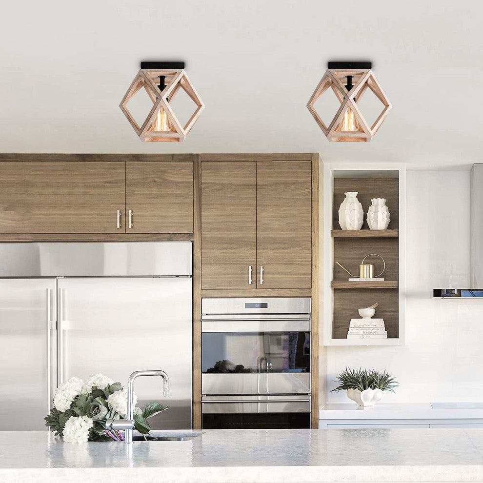 Industrial Wood Flush Mount Ceiling Lamp Farmhouse Close to Ceiling Lighting Fix