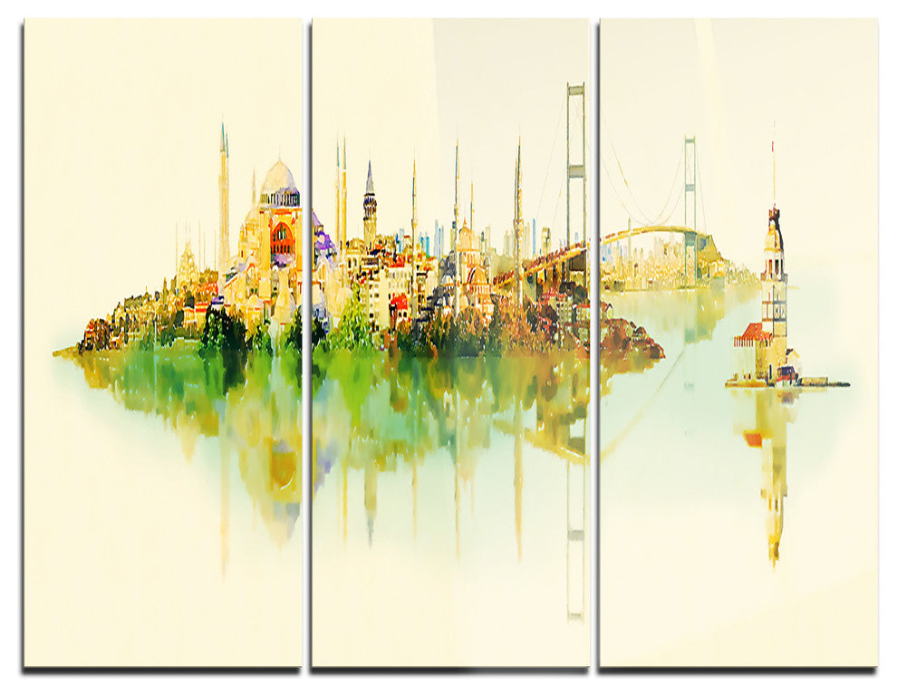 "Istanbul Panoramic View" Watercolor Metal Wall Art, 3 Panels, 36"x28"