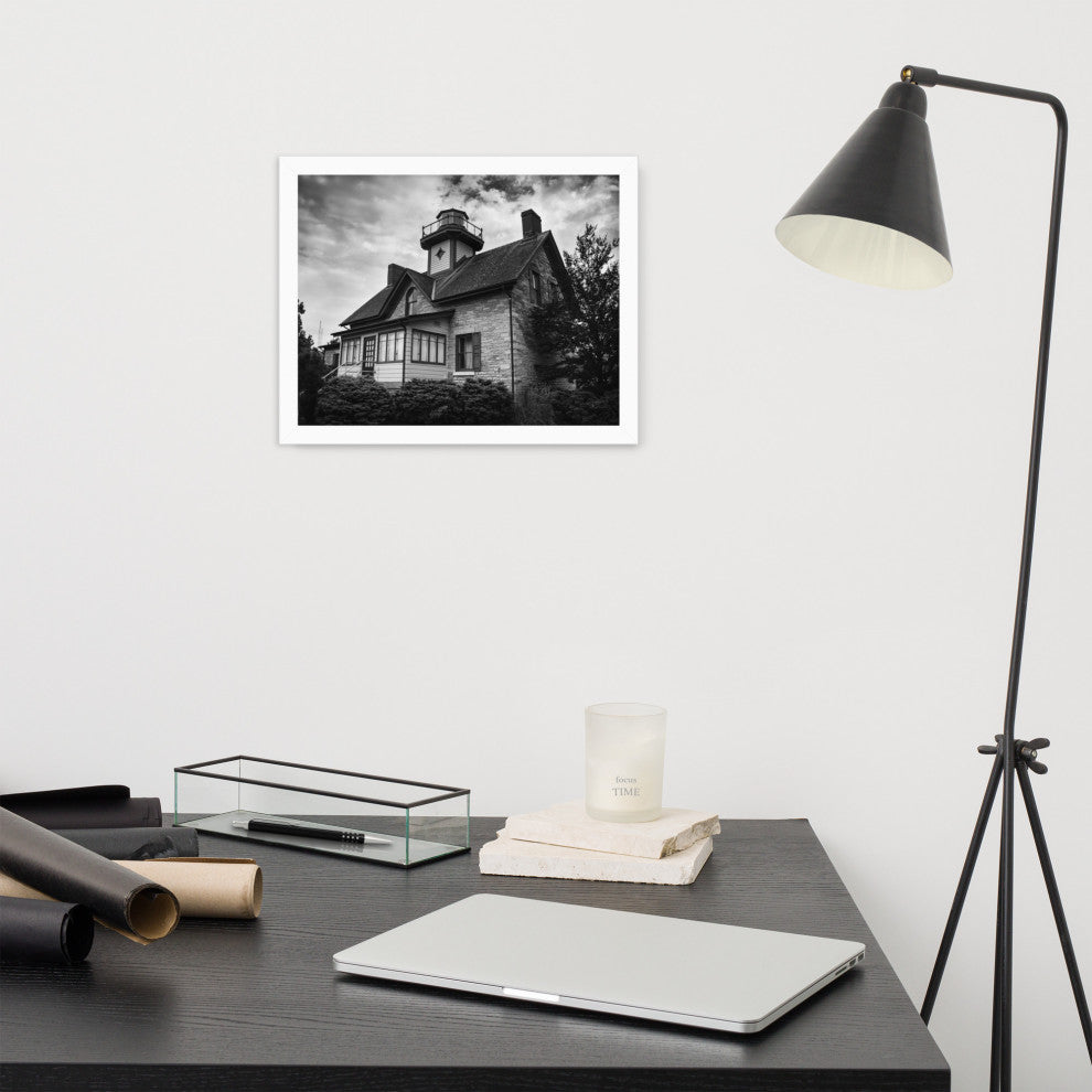 Cedar Point Lighthouse in Black and White Framed Photo Paper Wall Art Prints, White, 11" X 14"