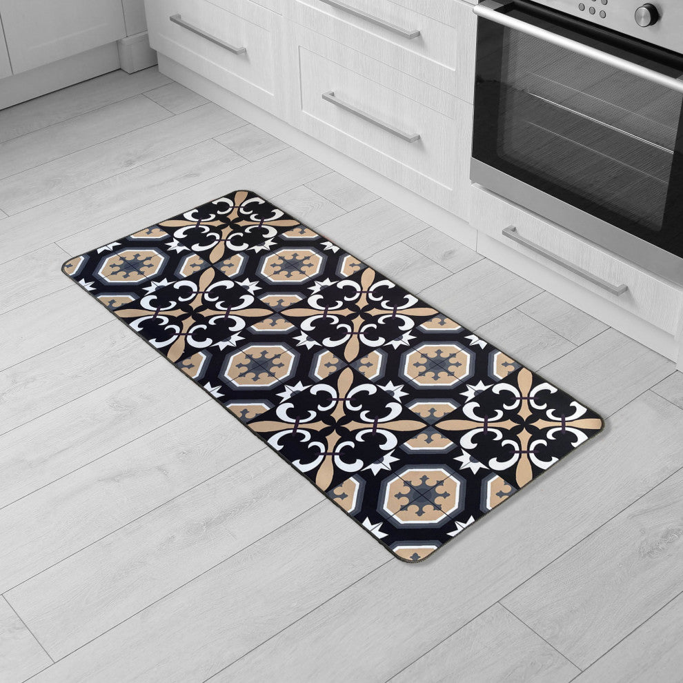 Carmen Printed Kitchen Runner Mat 47" x 20" Black and Beige Tile Design