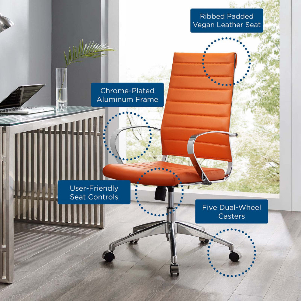 Computer Work Desk High Back Chair, Faux Leather, Orange, Home Business Office