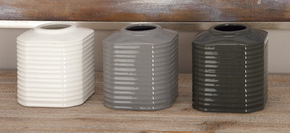 Set of 3 Contemporary 5" Ribbed Octagonal Ceramic Vases