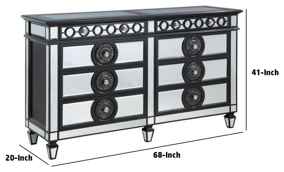 Benzara BM275057 8 Drawer Dresser With Mirror Trim & Sunburst, Black/Silver