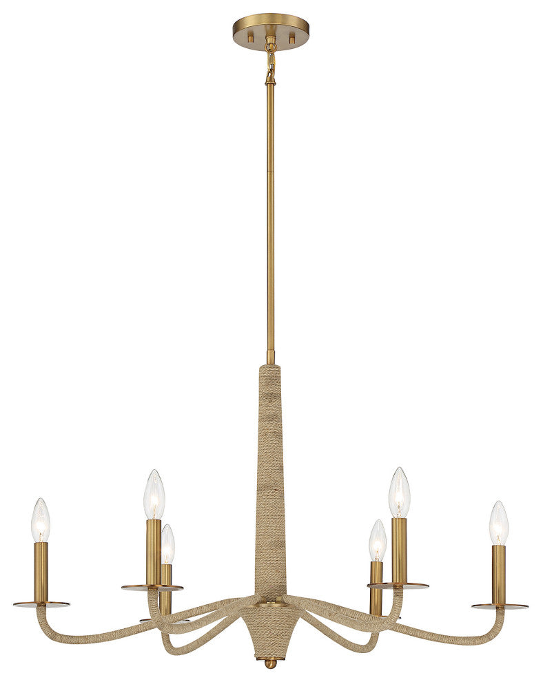Cannon 6-Light Chandelier, Warm Brass and Rope