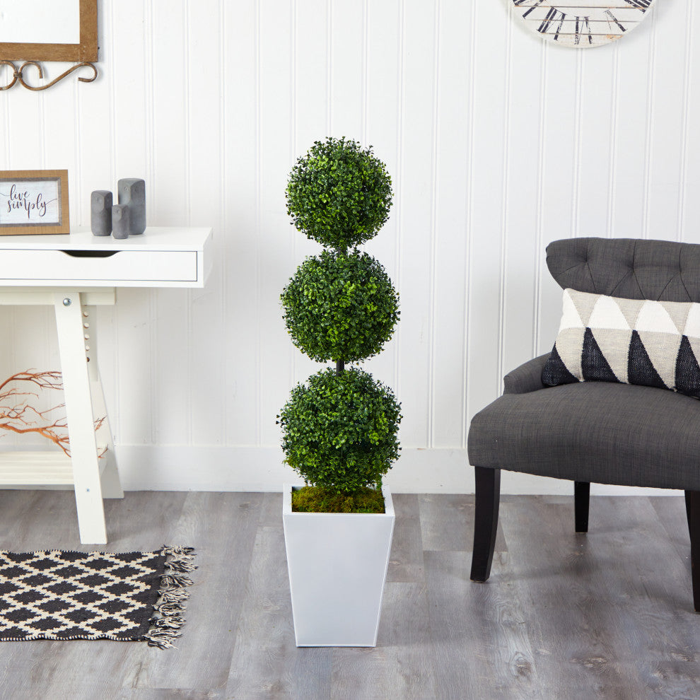 46" Boxwood Triple Ball Topiary Faux Tree, White Metal Planter, Indoor/Outdoor
