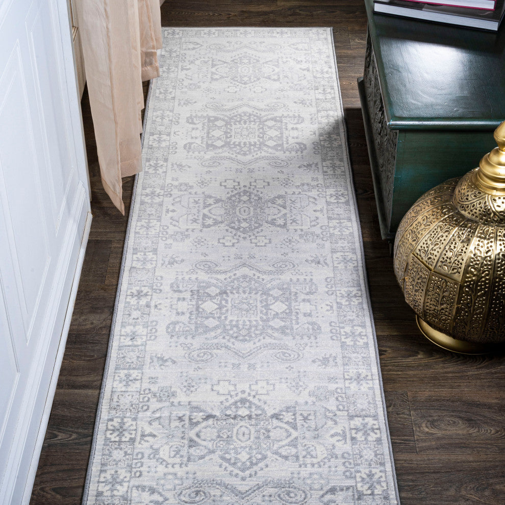 Modern Persian Vintage Medallion Light Gray 2'x8' Runner Rug
