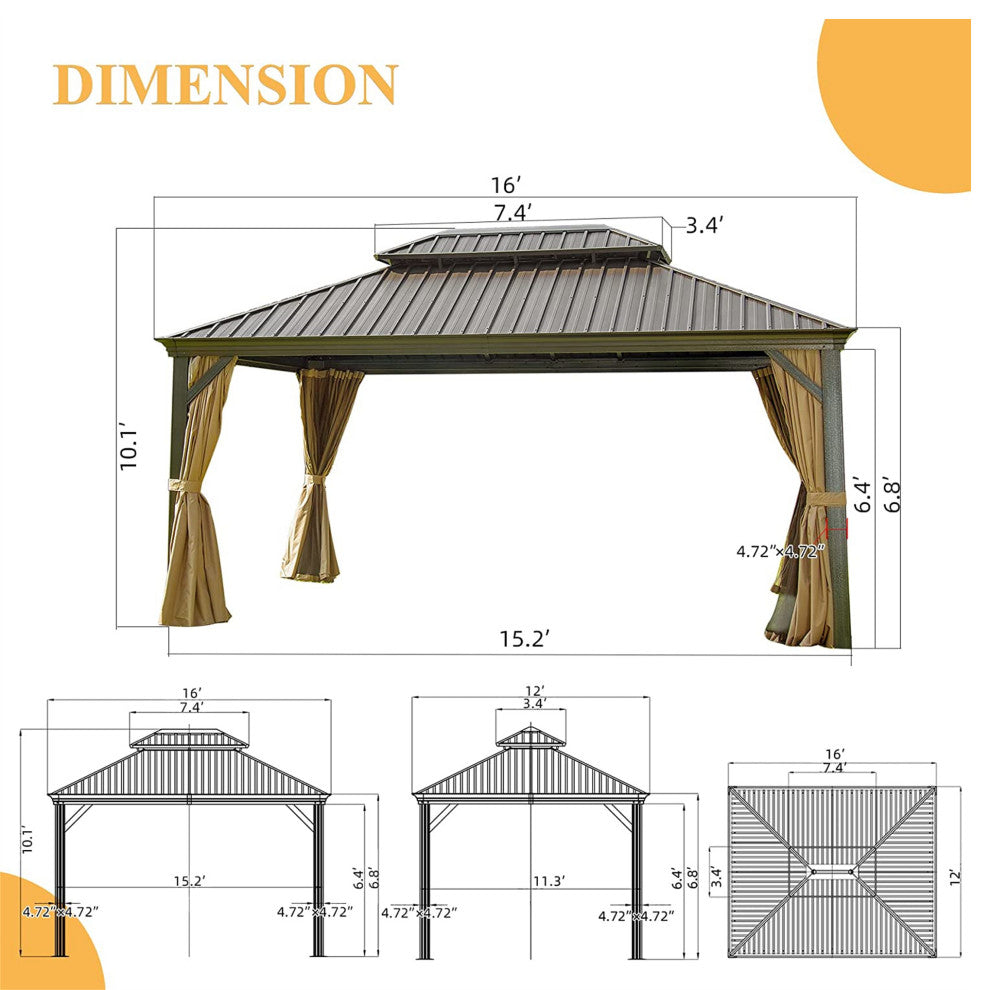 Hardtop Gazebo with Galvanized Steel Double Canopy, Brown