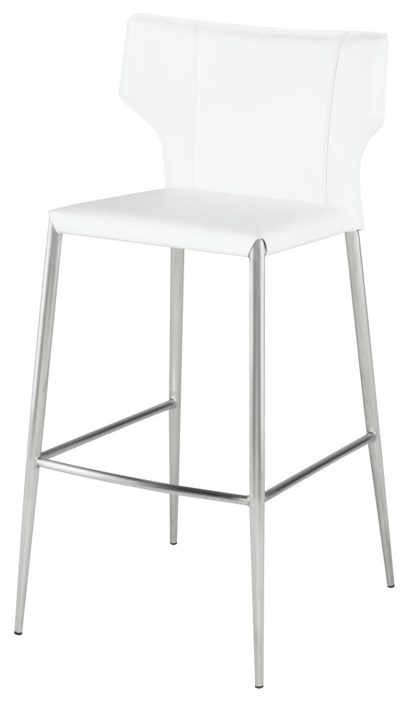 Wayne Bar Stool, Modern Barstool White Leather, Brushed Stainless Steel Legs