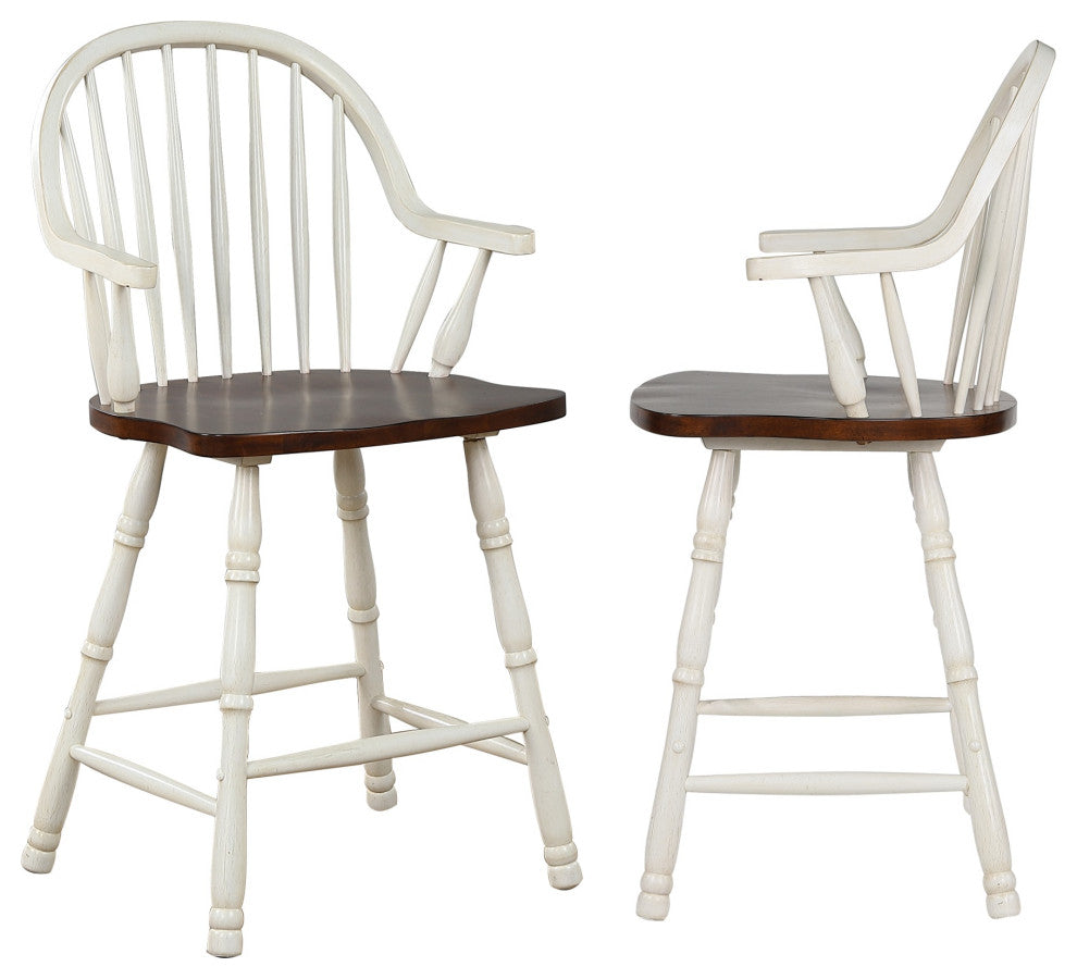 24" Counter Height Windsor Arm Stool, Antique White and Chestnut Brown, Set of 2