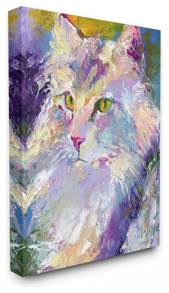Brightly Colored Rainbow Purple Painted Cat Portrait Stretched Canvas, 24"x30"
