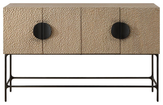 Front-facing product on solid white background highlighting hammered texture and circular pulls.