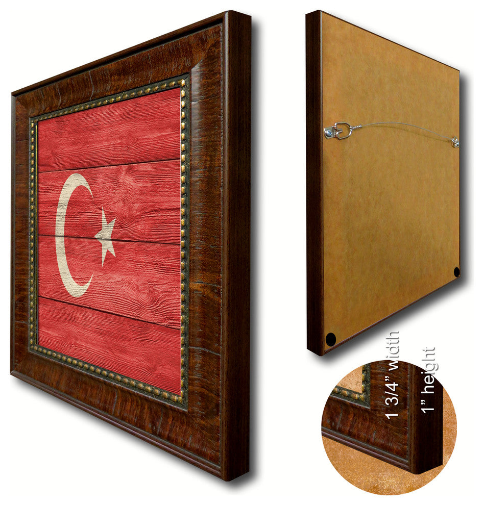 Turkey Country Textured Flag Print With Brown Gold Frame, 15"X21"