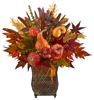 21" Pumpkin, Maple Leaf and Sorghum Harvest Faux Arrangement, Metal Planter