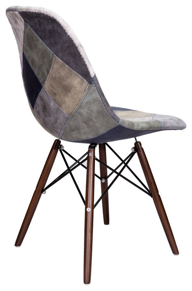 Patch Leatherette Upholstery DSW Dining Side Chair, Dark Walnut Leg, Blue/Gray