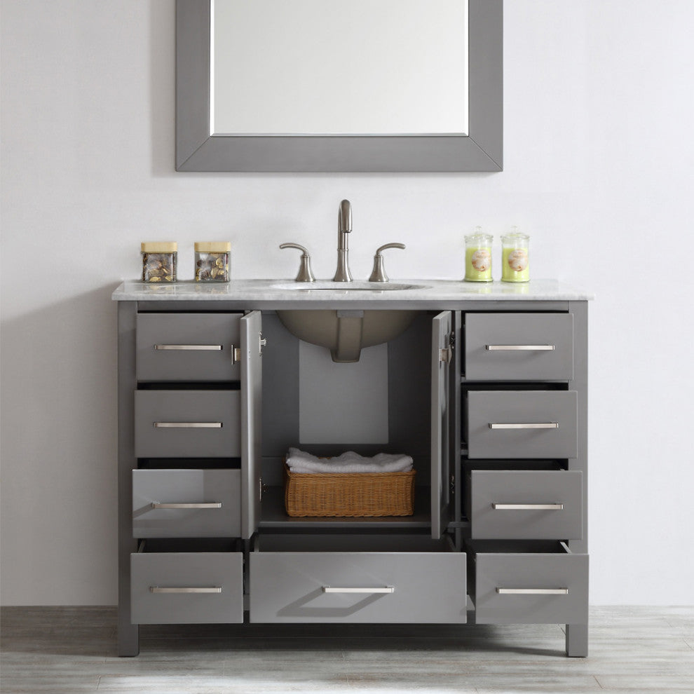 Gela 48" Single Vanity in Grey with Carrara White Marble Countertop With Mirror