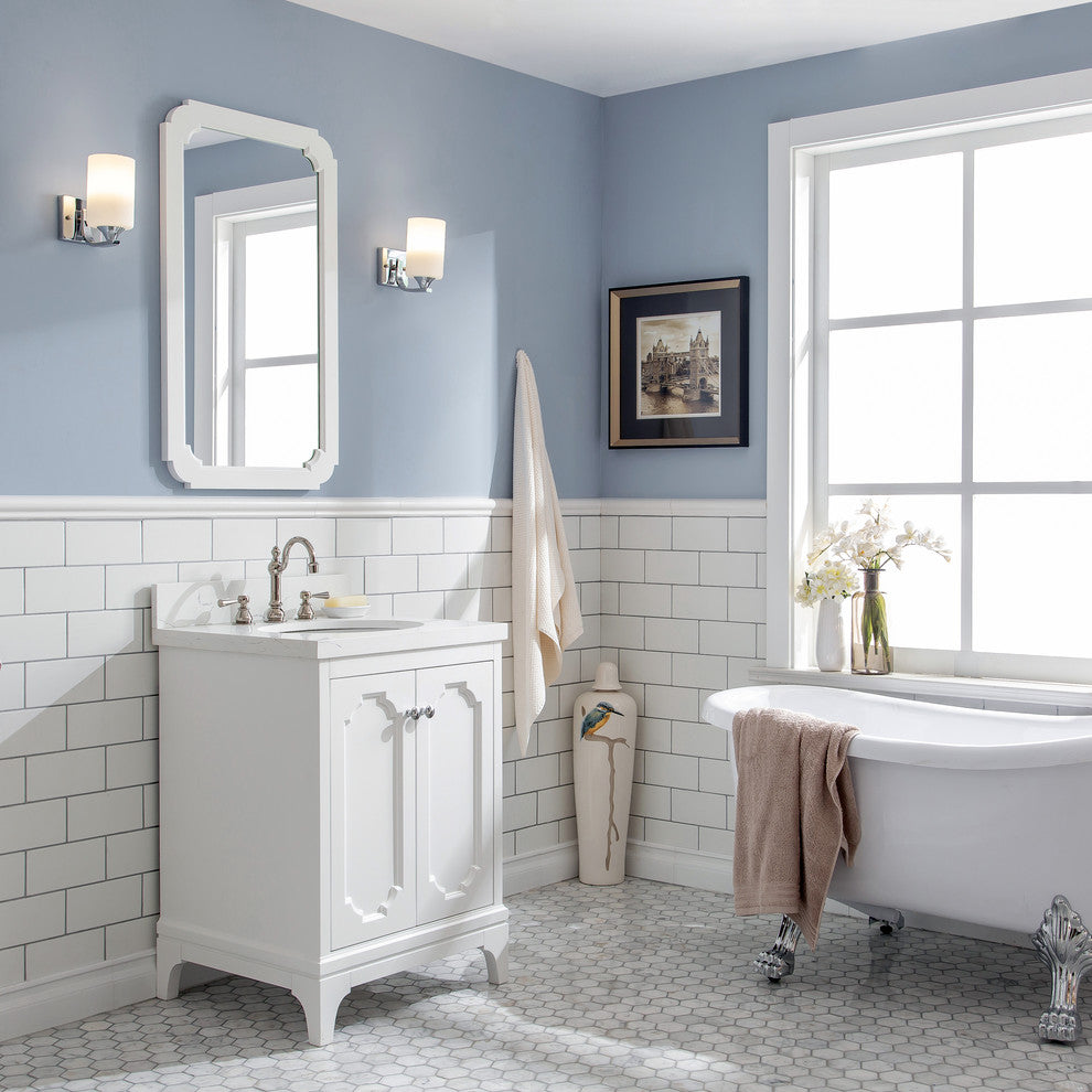 24" Wide Pure White Single Sink Quartz Carrara Bathroom Vanity