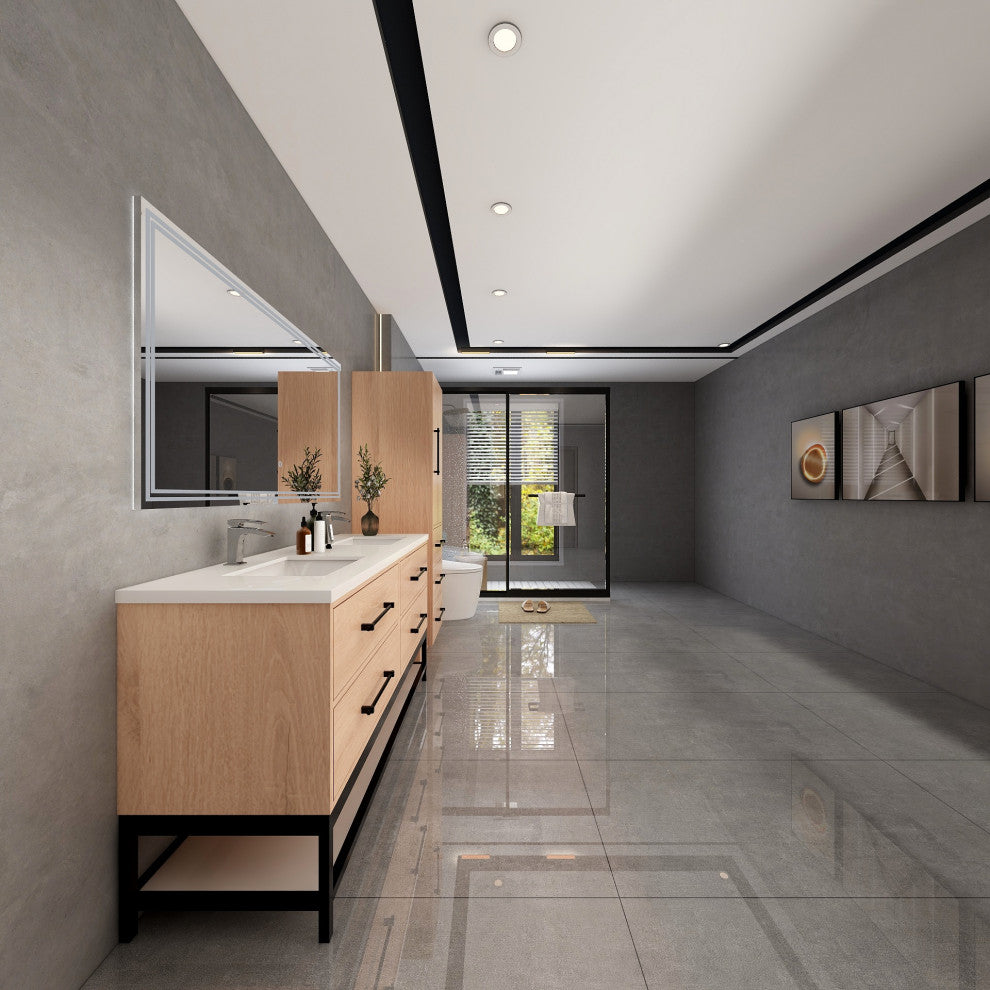 Victoria 60'' Double Sink Solid Wood Open Shelf Bath Vanity, Red Oak