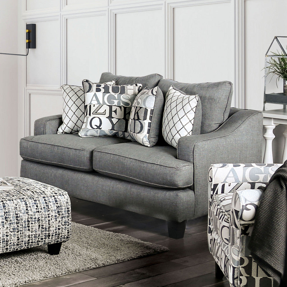 Linen-Like Fabric Loveseat with T-Cushion Seats Design, Bluish Gray