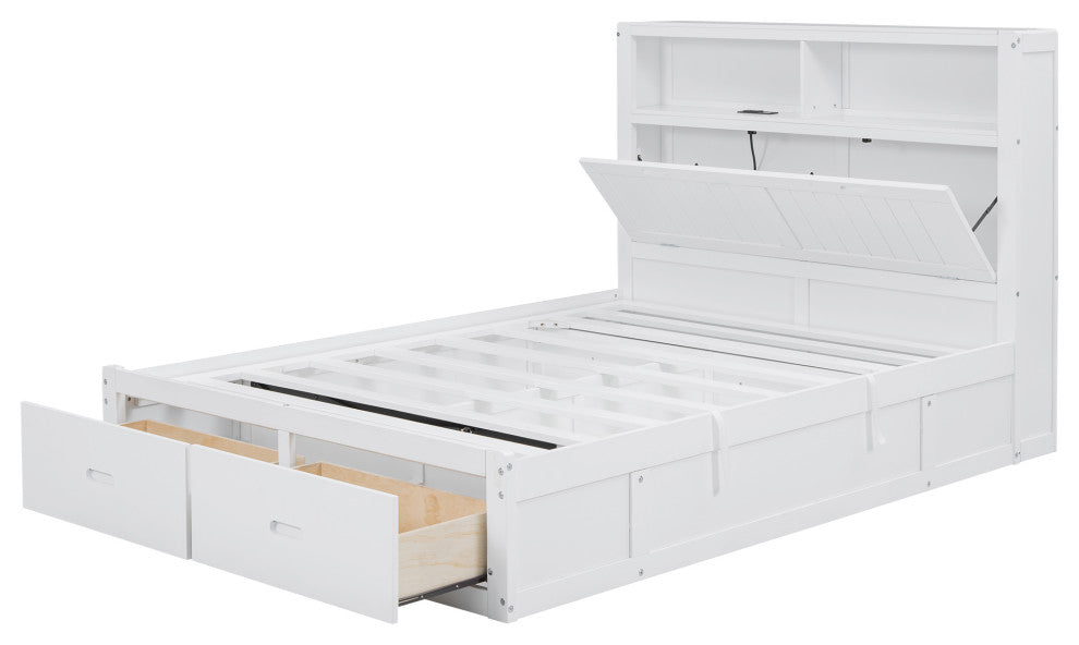 Gewnee Wood Full Size Hydraulic Platform Bed with Storage LED Headboard