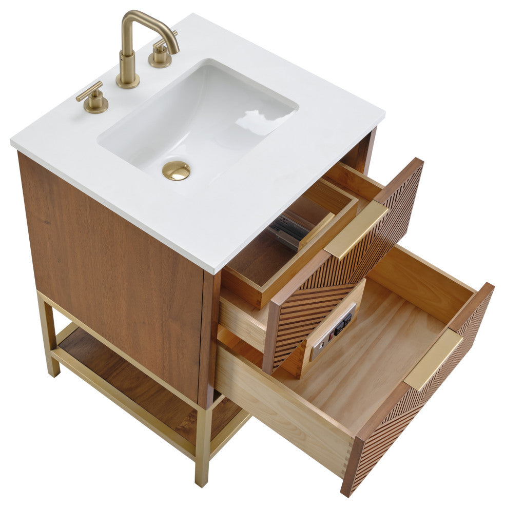 Diamond 24" Bath Vanity, Walnut/Satin Brass, 24", White Quartz Top