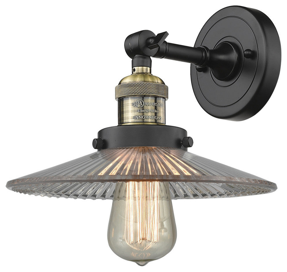 1-Light LED Halophane Sconce, Black Antique Brass, Clear Halophane
