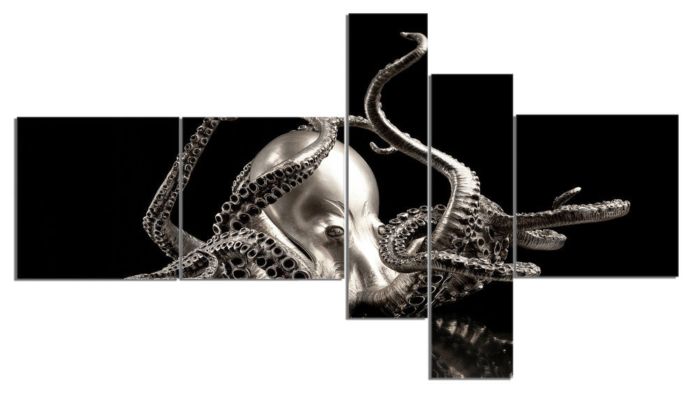Silver Octopus, Abstract Canvas art print, 60"x32", 5 panels