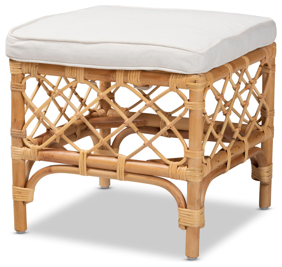 Steele Modern Bohemian Rattan Collection, White/Natural Brown, Ottoman