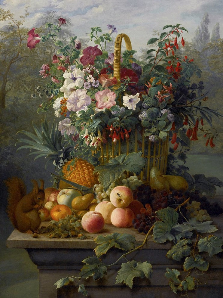 Tile Mural, With Fruit Flowers By Dutch School 19Th Century Squirrel Glossy