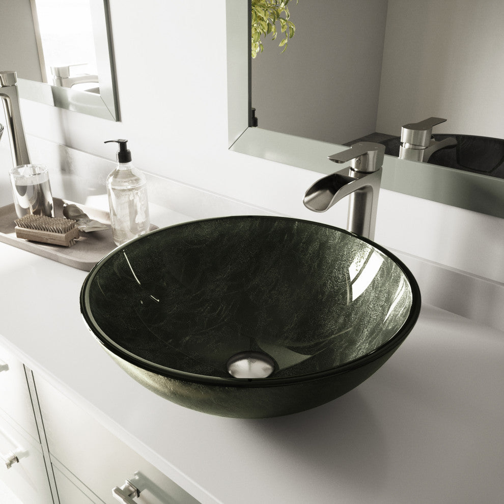 Giovanni 17"L x 17"W Glass Vessel Sink and Niko 11"H Faucet Set