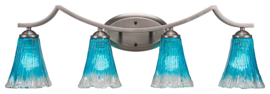 Zilo 4 Light Bath Bar, Graphite Finish, 5.5" Fluted Teal Crystal Glass