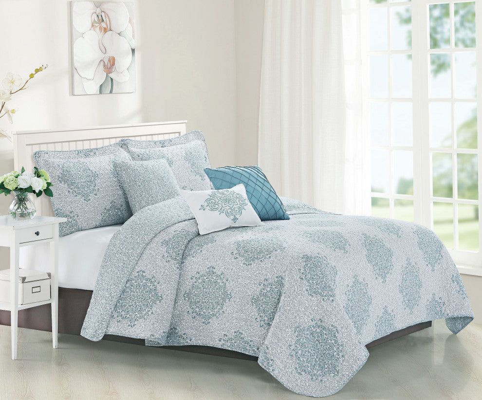 Chelsea Printed Quilted 6 Piece Bed Spread Set, Light Brown / Taupe, Queen