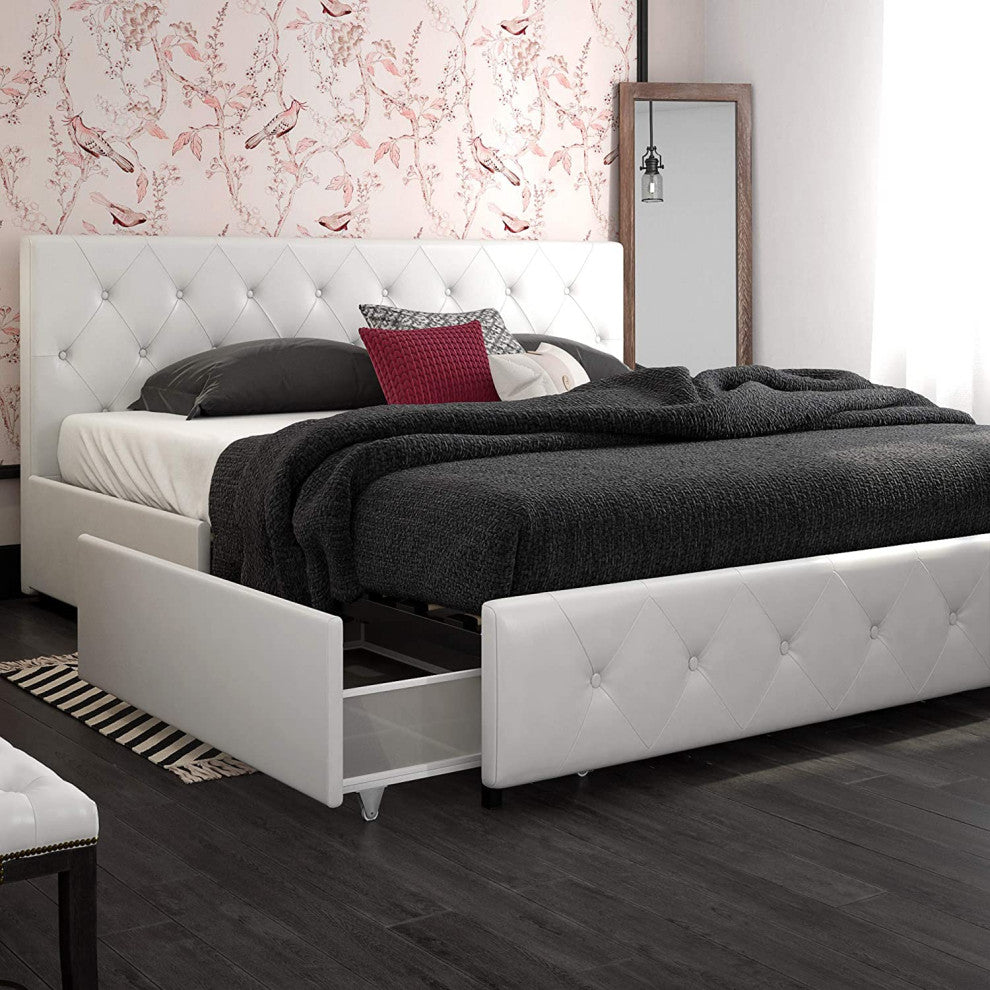 Upholstered Faux Leather Platform Bed with Storage Drawers - King Size