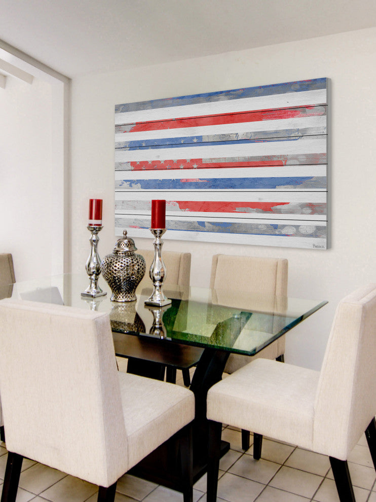 "Striped America" Print on White Wood, 36"x24"