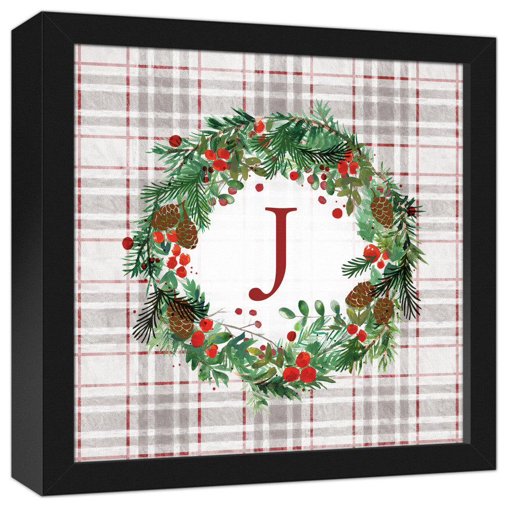 Holiday Gray Plaid Monogram Wreath J 12x12 Black Framed Canvas