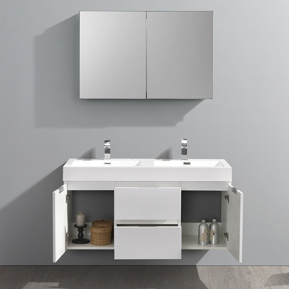 Valencia 48" Glossy White Wall Hung Double Sink Vanity, Faucet FFT9151CH