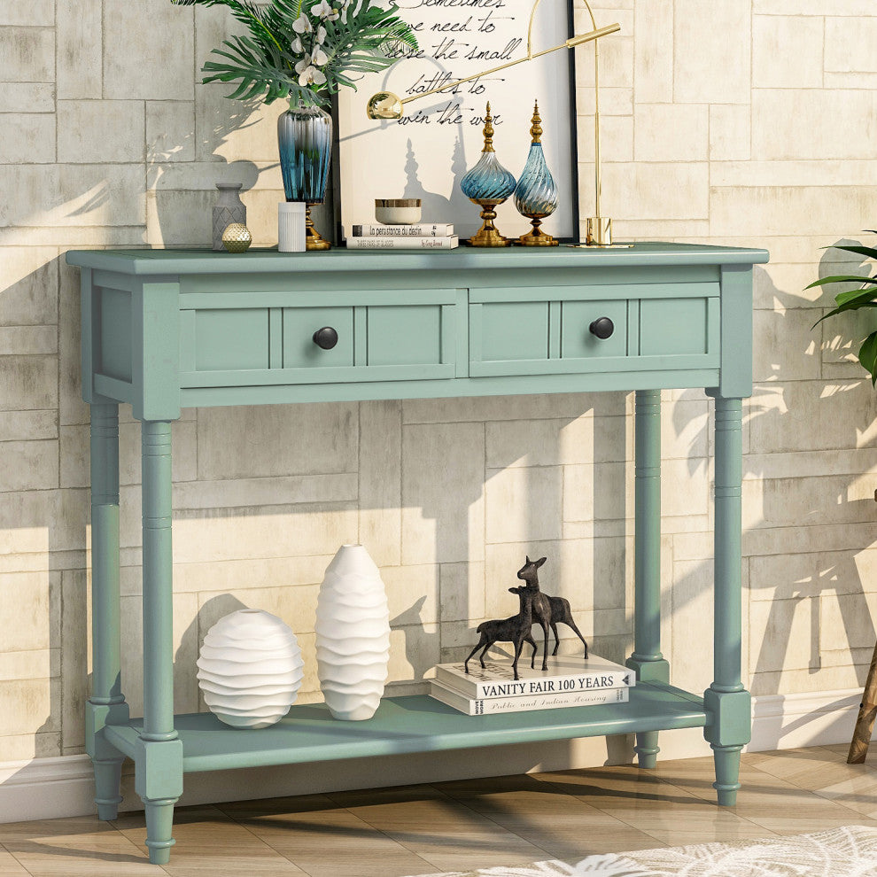Console Table with Two Drawers and Bottom Shelf, Antique Blue