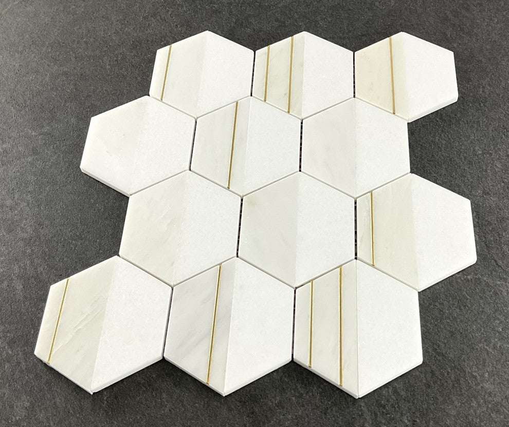 8-Pieces of 4" Hexagon Mix Marble And Metal Mosaic Tile