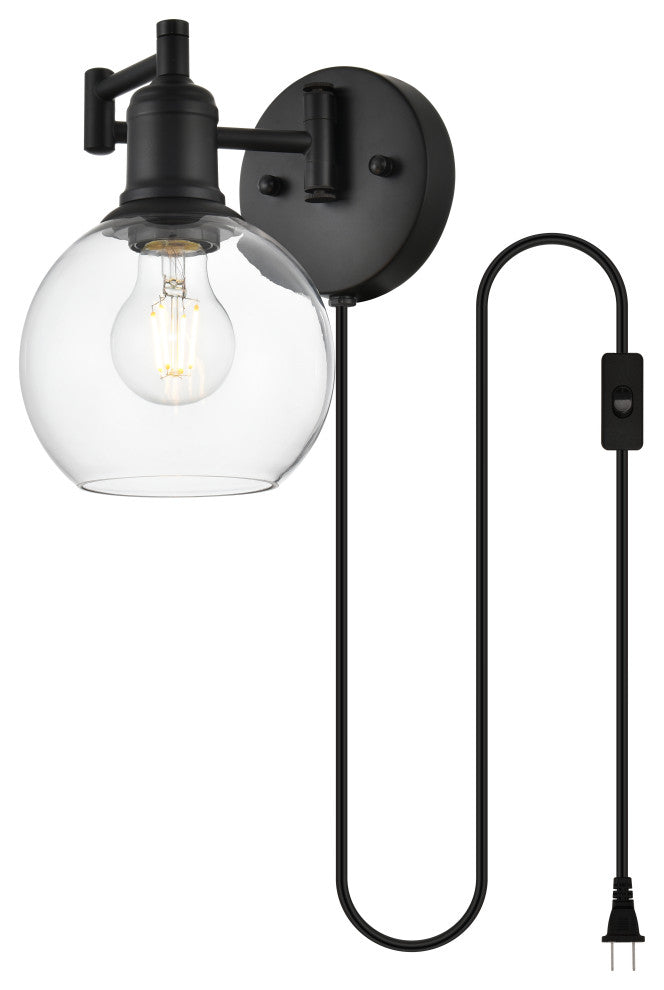 1 Light Black And Clear Swing Arm Plug, Wall Sconce