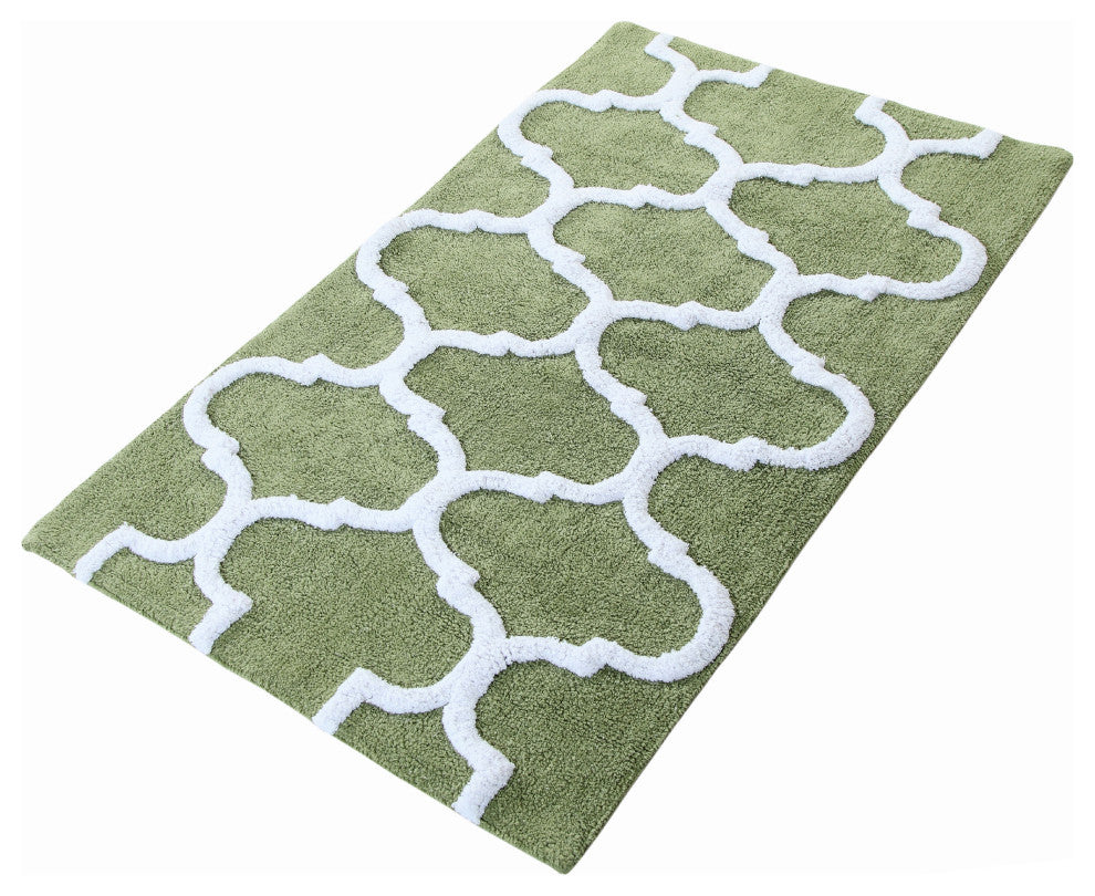 Cotton Dual Color Geometric Pattern Bath Rug, Sage Green/White, 34"x21"