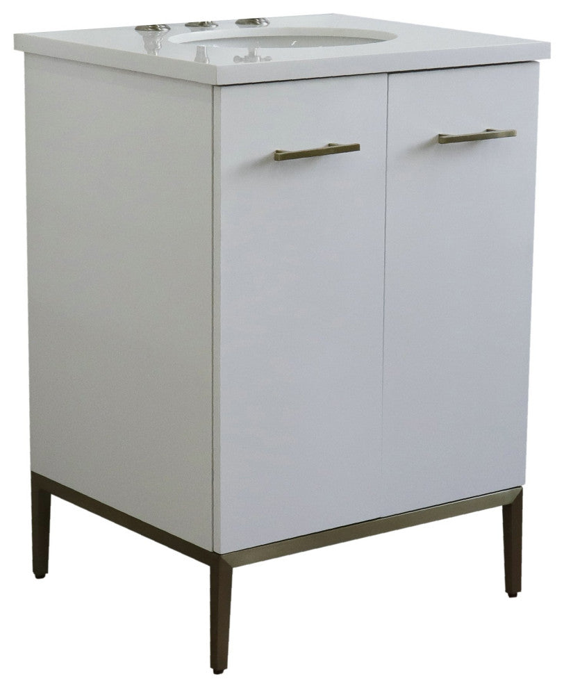 25" Single Sink Vanity, White Finish With Engineered Stone Top And Oval Sink