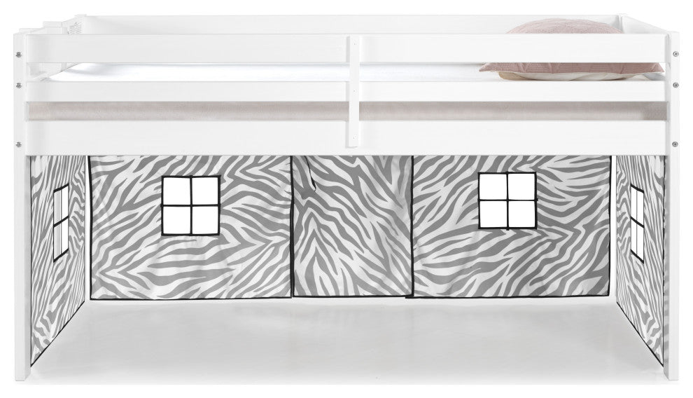 Jasper Twin Junior Loft Bed, White Frame, Zebra Bottom Playhouse Tent