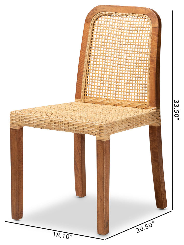 Caspia Modern Walnut Brown Finished Wood and Natural Rattan Dining Chair Set