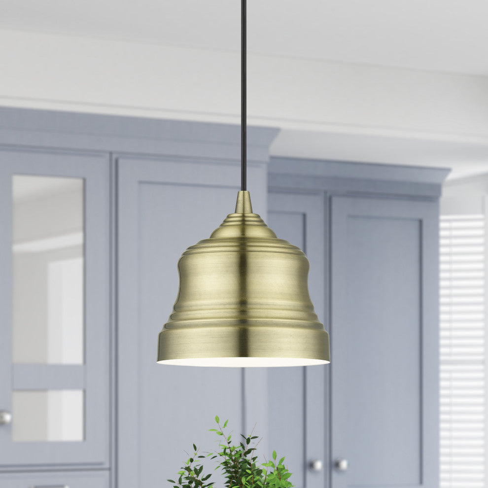 Endicott 1-Light Antique Brass Mini Bell Pendant, Shiny White Inside